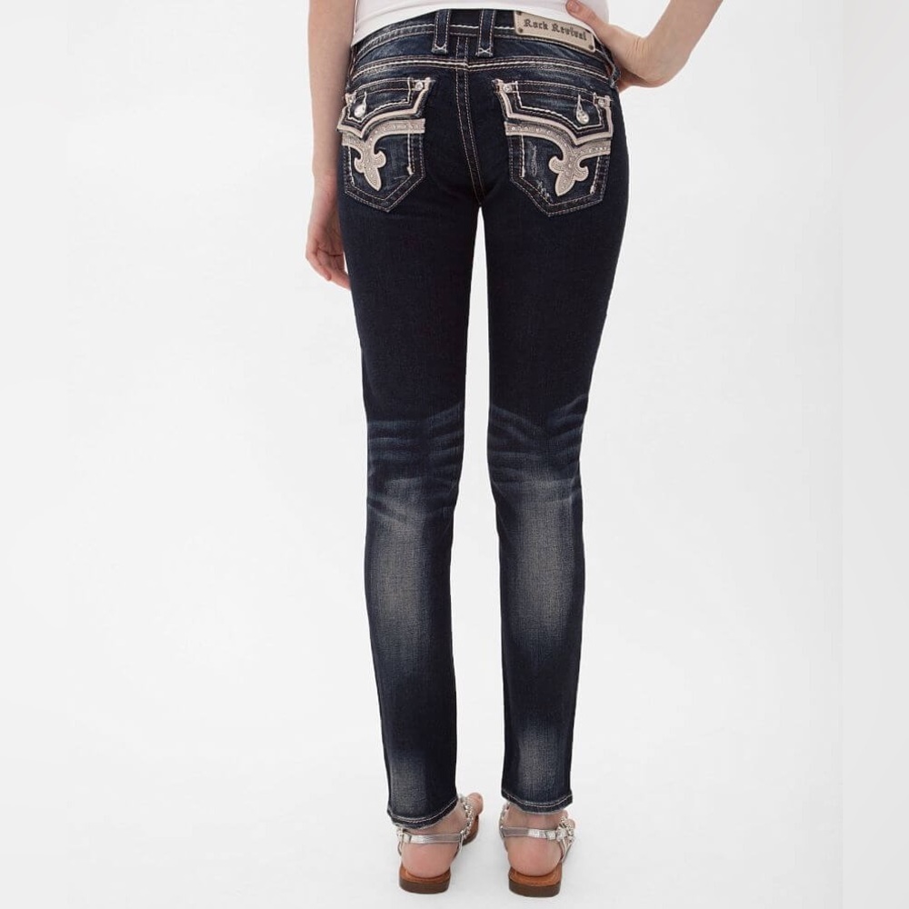 Rock Revival Women's Skinny Jeans in Dark Indigo with Light Contrast Embroidery